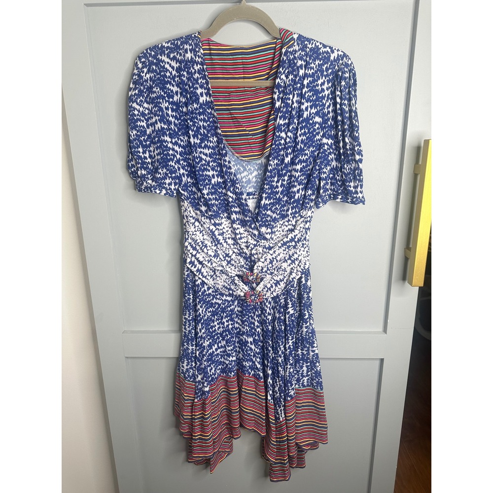 Blue White Abstract Print Handkerchief Hem Wrap Dress with Striped Trim